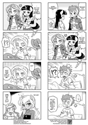 Size: 900x1280 | Tagged: safe, artist:shepherd0821, flash sentry, princess celestia, princess luna, sunset shimmer, trixie, twilight sparkle, twilight sparkle (alicorn), anthro, 4koma, ambiguous facial structure, catapult nightmare, comic, female, lesbian, monochrome, shipper on deck, shipping, sunsetsparkle, translation, trolluna