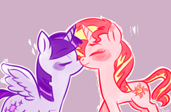 Size: 900x591 | Tagged: dead source, safe, artist:deadiifoozgo, sunset shimmer, twilight sparkle, twilight sparkle (alicorn), alicorn, pony, unicorn, female, kissing, lesbian, shipping, shivering, sunsetsparkle