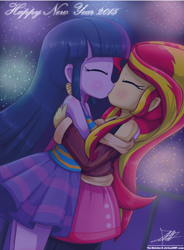 Size: 740x1008 | Tagged: safe, artist:the-butch-x, sunset shimmer, twilight sparkle, twilight sparkle (alicorn), equestria girls, 2015, alternate costumes, cute, female, fireworks, happy new year, kissing, lesbian, shimmerbetes, shipping, sunsetsparkle, twiabetes