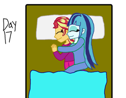 Size: 1012x790 | Tagged: safe, artist:bigpurplemuppet99, sonata dusk, sunset shimmer, equestria girls, 30 day otp challenge, bed, cuddling, female, lesbian, shipping, sleeping, spooning, sunata