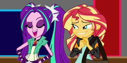 Size: 1200x600 | Tagged: safe, artist:ktd1993, edit, aria blaze, sunset shimmer, equestria girls, female, lesbian, shipping, sunblaze, vector, vector edit