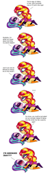 Size: 1256x4512 | Tagged: safe, artist:purfectprincessgirl, aria blaze, sunset shimmer, equestria girls, clothes, comic, costume, female, kabedon, lesbian, mask, on back, pinned, shipping, sunblaze