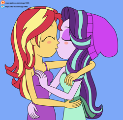 Size: 3001x2945 | Tagged: safe, artist:eagc7, starlight glimmer, sunset shimmer, equestria girls, bare shoulders, beanie, blushing, breast grab, breasts, clothes, dress, duo, duo female, female, grope, hat, kissing, ko-fi, lesbian, patreon, patreon logo, shimmerglimmer, shipping, simple background, sleeveless, strapless