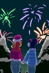 Size: 800x1200 | Tagged: safe, artist:burnt-sprinkles, sci-twi, sunset shimmer, twilight sparkle, equestria girls, female, fireworks, holding hands, lesbian, scitwishimmer, shipping, sunsetsparkle