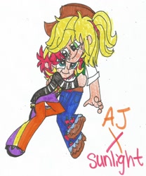 Size: 1024x1230 | Tagged: safe, artist:xxfluffypachirisuxx, applejack, applejack (male), sunset glare, sunset shimmer, equestria girls, appleglare, appleshimmer, embrace, equestria guys, gay, hug, humanized, male, rule 63, shipping, traditional art