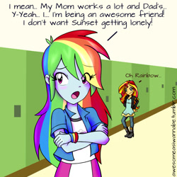 Size: 1200x1200 | Tagged: safe, artist:awesomeasiwannabe, rainbow dash, sunset shimmer, equestria girls, friendship games, blatant lies, blushing, clothes, comic, crossed arms, dialogue, female, lesbian, looking away, open mouth, shipping, smiling, sunsetdash, tsunderainbow, tsundere