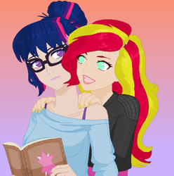 Size: 540x544 | Tagged: safe, artist:rarity-pie, sci-twi, sunset shimmer, twilight sparkle, equestria girls, female, lesbian, scitwishimmer, shipping, sunsetsparkle