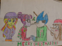 Size: 1024x768 | Tagged: safe, artist:brandonale, sci-twi, sunset shimmer, twilight sparkle, equestria girls, christmas, crossover, crossover shipping, kissing, merry christmas, mordecai, mordecai and rigby, mordetwi, regular show, rigby, shipping, traditional art