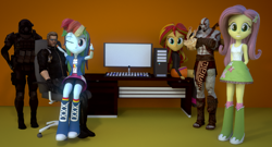 Size: 720x390 | Tagged: safe, artist:napad96, fluttershy, rainbow dash, sunset shimmer, equestria girls, 3d, albert wesker, computer, crossover, crossover shipping, desk, god of war, kratos, monitor, resident evil, shipping, sitting, table