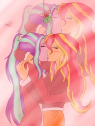 Size: 768x1024 | Tagged: safe, artist:brickercupmasterx3, aria blaze, sunset shimmer, equestria girls, rainbow rocks, female, holly, holly mistaken for mistletoe, kissing, lesbian, shipping, sunblaze