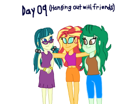 Size: 1500x1236 | Tagged: safe, artist:ktd1993, juniper montage, sunset shimmer, wallflower blush, better together, equestria girls, alternate clothes, female, juniblush, lesbian, shipping