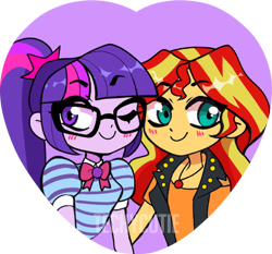 Size: 600x560 | Tagged: safe, artist:techycutie, sci-twi, sunset shimmer, twilight sparkle, human, better together, equestria girls, blushing, cute, female, geode of empathy, geode of telekinesis, heart, lesbian, magical geodes, scitwishimmer, shimmerbetes, shipping, sunsetsparkle, twiabetes, watermark