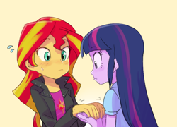 Size: 784x566 | Tagged: safe, artist:baekgup, sunset shimmer, twilight sparkle, twilight sparkle (alicorn), equestria girls, rainbow rocks, blushing, female, friendship, friendshipping, lesbian, shipping, sunsetsparkle