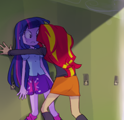 Size: 584x566 | Tagged: safe, artist:baekgup, sunset shimmer, twilight sparkle, twilight sparkle (alicorn), equestria girls, female, lesbian, scene interpretation, shipping, sunsetsparkle