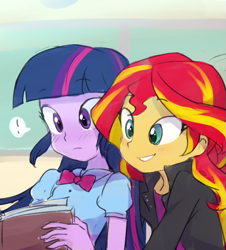 Size: 589x651 | Tagged: dead source, safe, artist:baekgup, sunset shimmer, twilight sparkle, twilight sparkle (alicorn), equestria girls, book, exclamation point, female, lesbian, reading, shipping, sunsetsparkle