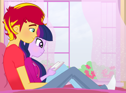 Size: 4144x3072 | Tagged: safe, artist:jaquelindreamz, sunset glare, sunset shimmer, twilight sparkle, twilight sparkle (alicorn), equestria girls, equestria guys, female, half r63 shipping, male, reading, rule 63, shipping, straight, sunsetsparkle, twiglare