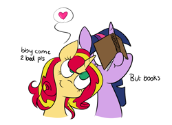 Size: 1045x765 | Tagged: safe, artist:estrill, sunset shimmer, twilight sparkle, twilight sparkle (alicorn), alicorn, pony, :t, bae, bby, book, facebooking, female, heart, lesbian, mare, nuzzling, shipping, smiling, sunsetsparkle, that pony sure does love books