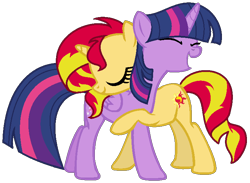 Size: 730x534 | Tagged: safe, artist:icetama, sunset shimmer, twilight sparkle, twilight sparkle (alicorn), alicorn, base used, eyes closed, female, hug, laughing, lesbian, meme, otp, shipping, simple background, smiling, sunsetsparkle, transparent background