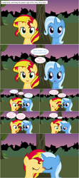 Size: 1284x2892 | Tagged: safe, artist:hakunohamikage, sunset shimmer, trixie, pony, ask, ask-princesssparkle, blushing, comic, female, kissing, lesbian, night, shipping, suntrix, tree, tumblr