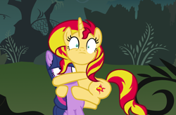 Size: 1244x816 | Tagged: safe, artist:icetama, sunset shimmer, twilight sparkle, pony, unicorn, base used, female, hug, lesbian, mare, scared, shipping, sunsetsparkle