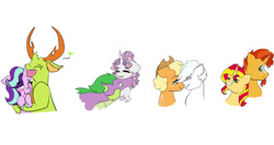 Size: 1024x546 | Tagged: safe, artist:arirain, derpibooru import, applejack, double diamond, spike, starlight glimmer, sunburst, sunset shimmer, sweetie belle, thorax, changedling, changeling, dragon, earth pony, pony, unicorn, applediamond, blushing, boop, bust, eyes closed, female, floppy ears, freckles, glimax, grin, heart, hug, king thorax, lidded eyes, male, nibbling, noseboop, one eye closed, shimmerburst, shipping, simple background, smiling, spikebelle, straight, unshorn fetlocks, white background