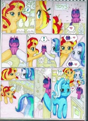 Size: 1700x2338 | Tagged: safe, artist:darknessa-desu, starlight glimmer, sunset shimmer, trixie, twilight sparkle, twilight sparkle (alicorn), alicorn, pony, unicorn, comic, female, lesbian, plushie, shipping, sunsetsparkle, traditional art, twistarlight, twixie