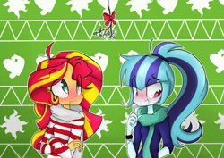 Size: 1500x1061 | Tagged: safe, artist:jankrys00, sonata dusk, sunset shimmer, equestria girls, rainbow rocks, blushing, clothes, female, lesbian, mistletoe, scarf, shipping, sunata