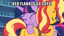 Size: 600x339 | Tagged: safe, edit, edited screencap, screencap, sunset shimmer, twilight sparkle, twilight sparkle (alicorn), alicorn, pony, better together, equestria girls, forgotten friendship, butt touch, discovery family logo, female, hoof on butt, hug, image macro, lesbian, mare, meme, plot, shipping, sunsetsparkle