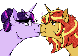 Size: 998x714 | Tagged: safe, artist:lydisanowl, sci-twi, sunset shimmer, twilight sparkle, pony, boop, cute, equestria girls ponified, female, heart, lesbian, looking at each other, noseboop, ponified, scitwishimmer, shimmerbetes, shipping, simple background, sunsetsparkle, surprised, transparent background, twiabetes