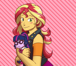 Size: 950x820 | Tagged: safe, artist:funakounasoul, sci-twi, sunset shimmer, twilight sparkle, better together, equestria girls, forgotten friendship, crush plush, female, hug, lesbian, plushie, scitwishimmer, shipping, smiling, sunsetsparkle