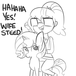 Size: 1650x1650 | Tagged: safe, artist:tjpones, sci-twi, sunset shimmer, twilight sparkle, pony, unicorn, series:sciset diary, equestria girls, dialogue, female, glasses, grayscale, humans riding ponies, lesbian, monochrome, riding, scitwishimmer, shipping, simple background, sketch, sunsetsparkle, white background