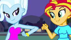 Size: 1800x1013 | Tagged: safe, artist:bigpurplemuppet99, sunset shimmer, trixie, equestria girls, female, lesbian, shipping, suntrix