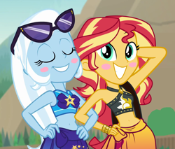 Size: 844x720 | Tagged: safe, artist:keronianniroro, artist:themexicanpunisher, sunset shimmer, trixie, better together, equestria girls, forgotten friendship, clothes, eyes closed, female, lesbian, shipping, shoulder bag, suntrix