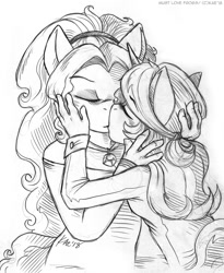 Size: 904x1100 | Tagged: safe, artist:kaemantis, adagio dazzle, sunset shimmer, anthro, siren, unicorn, female, gem, grayscale, kissing, lesbian, monochrome, shipping, simple background, siren gem, sunsagio, white background