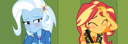 Size: 3073x1051 | Tagged: safe, edit, edited screencap, screencap, sunset shimmer, trixie, better together, equestria girls, blushing, female, lesbian, shipping, smiling, suntrix