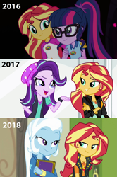 Size: 1703x2560 | Tagged: safe, edit, edited screencap, screencap, sci-twi, starlight glimmer, sunset shimmer, trixie, twilight sparkle, better together, equestria girls, forgotten friendship, legend of everfree, mirror magic, spoiler:eqg specials, beanie, counterparts, female, glasses, hat, lesbian, scitwishimmer, shimmerglimmer, shipping, sunset shimmer gets all the mares, sunsetsparkle, suntrix, twilight's counterparts