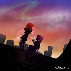 Size: 1080x1080 | Tagged: safe, artist:_denart, sci-twi, sunset shimmer, twilight sparkle, equestria girls, aurora borealis, clothes, engagement ring, female, graveyard, lesbian, ring, scitwishimmer, shipping, signature, silhouette, sunsetsparkle, twilight (astronomy)