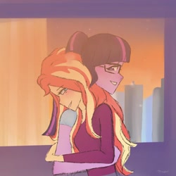 Size: 1080x1080 | Tagged: safe, artist:_denart, sci-twi, sunset shimmer, twilight sparkle, equestria girls, clothes, female, glasses, hug, lesbian, scitwishimmer, shipping, signature, smiling, sunsetsparkle