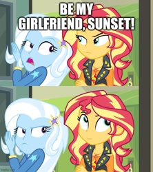 Size: 640x720 | Tagged: safe, edit, edited screencap, screencap, sunset shimmer, trixie, better together, equestria girls, forgotten friendship, caption, female, image macro, lesbian, meme, shipping, shipping domino, suntrix, text, trixie yells at everything