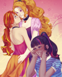 Size: 1997x2500 | Tagged: safe, artist:stummm, adagio dazzle, sci-twi, sunset shimmer, twilight sparkle, equestria girls, alternate hairstyle, bare shoulders, blushing, butt touch, female, females only, hand on butt, human coloration, lesbian, looking at each other, shipper on deck, shipping, sleeveless, smiling, sunsagio, twilight the shipper