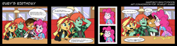 Size: 3950x1050 | Tagged: safe, artist:graytyphoon, colorist:scarletsabre, pinkie pie, sunset shimmer, oc, oc:copper plume, oc:ruby sword, equestria girls, angry, canon x oc, colored, comic, copperpie, female, male, shipping, straight, sunsword