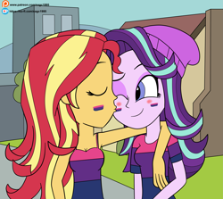 Size: 4541x4053 | Tagged: safe, artist:eagc7, starlight glimmer, sunset shimmer, equestria girls, beanie, bisexual, bisexual pride flag, blushing, clothes, commission, dress, face paint, female, hat, kiss on the cheek, kissing, ko-fi, lesbian, patreon, pride, pride flag, pride month, shimmerglimmer, shipping, shirt, sleeveless, t-shirt, tanktop