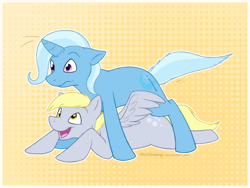 Size: 1024x768 | Tagged: safe, artist:arcticwaters, derpy hooves, trixie, pegasus, pony, blonde mane, female, gray coat, mare, wings