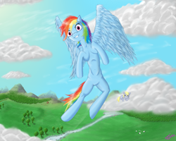 Size: 1280x1024 | Tagged: safe, artist:masdragonflare, derpibooru import, derpy hooves, rainbow dash, pegasus, pony, female, mare