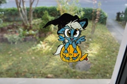 Size: 4592x3056 | Tagged: safe, artist:karnit, artist:steffy-beff, derpy hooves, pegasus, pony, female, halloween, holiday, jack-o-lantern, mare, photo, pumpkin, traditional art, window