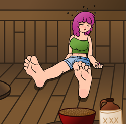 Size: 1517x1486 | Tagged: safe, artist:fem-a, berry punch, berryshine, human, barefoot, belly button, clothes, drunk, feet, foot fetish, foot focus, humanized, midriff, soles, tanktop, toes