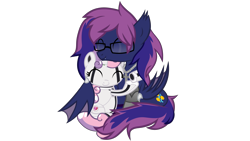 Size: 7680x4320 | Tagged: safe, artist:lincolnbrewsterfan, sweetie belle, sweetie bot, oc, oc:bitmaker, bat pony, pony, robot, robot pony, friendship is witchcraft, amputee, bat pony oc, cross necklace, cuddling, cute, cute smile, cutie pie, cyber legs, cyberpunk, diasweetes, duo, eyes closed, glasses, hug, jewelry, necklace, robotic arm, roboticization, simple background, transparent background