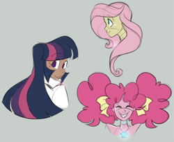 Size: 600x491 | Tagged: safe, artist:egophiliac, derpibooru import, fluttershy, pinkie pie, twilight sparkle, robot, alternate hairstyle, alternate universe, humanized, pigtails, roboticization, simple background, sketch, steamquestria