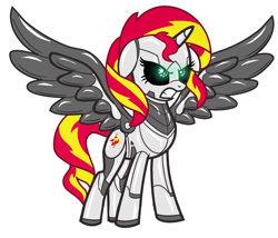 Size: 1765x1512 | Tagged: safe, artist:vladiverse, edit, sunset shimmer, alicorn, pony, robot, robot pony, twilight's kingdom, alicornified, angry, manip, race swap, roboticization, shimmerbot, shimmercorn, shiny, simple background, solo, spread wings, white background, wings