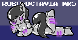 Size: 2172x1120 | Tagged: safe, artist:tinker-tock, octavia melody, anthro, robot, robot pony, draw me like one of your french girls, female, glowing eyes, gynoid, high heels, lying down, roboticization, shoes, solo